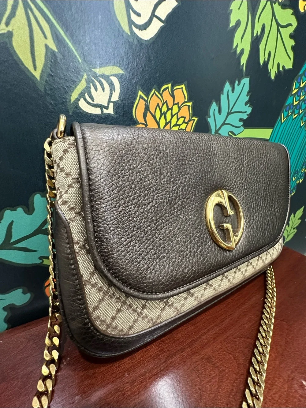 Gucci Interlocking G GG Diamante Canvas & Leather Chain Shoulder Bag Brown - Picture 9 of 15